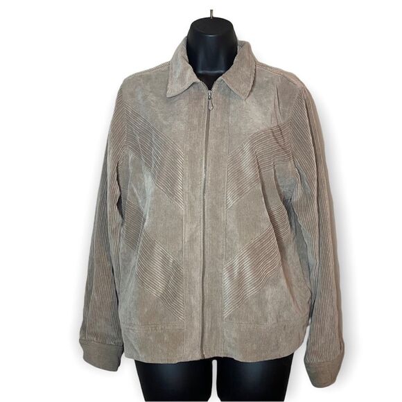 Alfred Dunner Tan Suede Ribbed Zippered Collared Jacket - Picture 1 of 8